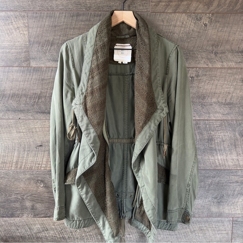 Anthropologie Hei Hei Etta Layered Olive Green Lace Trim Drawstring Anorak M